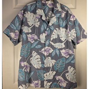 Vtg New Horizon Hawaiian Tropical‎ Shirt L Button Short Sleeve Men's Gray Floral